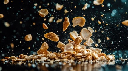 Fototapeta premium Cashew pieces exploding in the air on a dark background