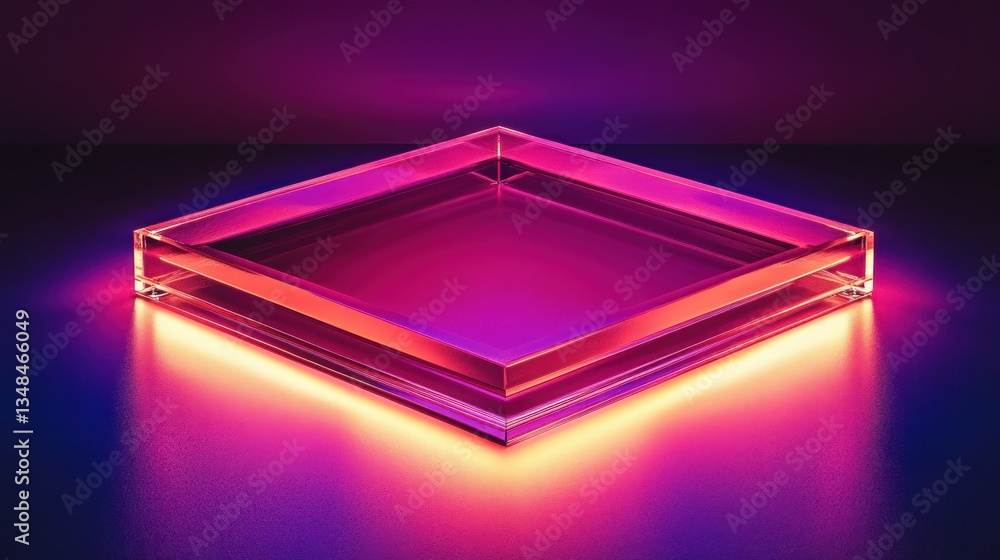 Wall mural a glowing square glass object illuminated by multiple colored lights