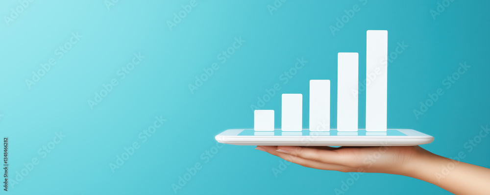 Poster a hand holds a tablet displaying a rising bar graph on a blue background, symbolizing growth and pro