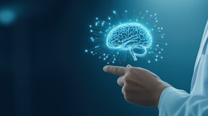 A digital representation of a brain with glowing connections, held by a finger, symbolizing innovation and neuroscience.