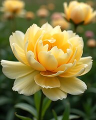Bright Yellow Peony with Intricate Petals and Dreamy Garden Backdrop.