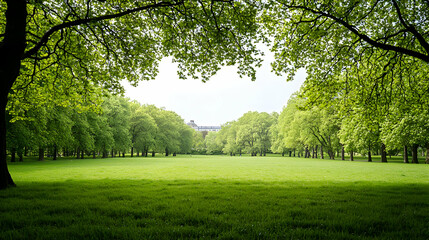 Lush Green Park Landscape with Tall Trees and Grassy Lawn Under Bright Daylight Sky