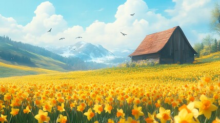 Rustic cabin nestled in a vibrant daffodil field, mountains in background