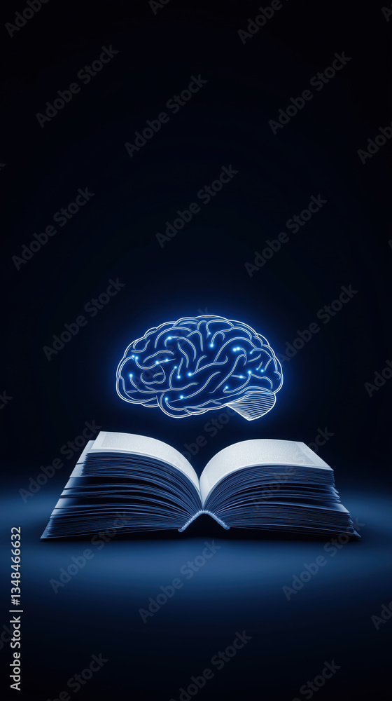 Poster an open book with a glowing brain above it, symbolizing knowledge, learning, and the connection betw
