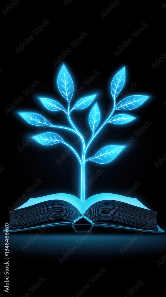 Poster a glowing book with a tree sprouting from its pages, symbolizing knowledge and growth in a digital o