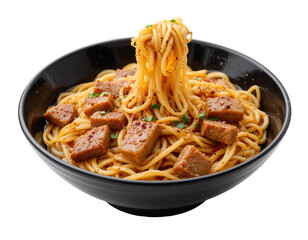 noodles with stir-fried meat slices served in a black bowl. isolated on a transparent or white background