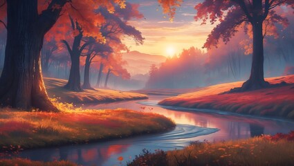 Autumnal River's Embrace: A mesmerizing landscape captures the serene beauty of autumn, with vibrant red and orange foliage, majestic trees.