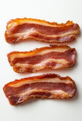 Delicious Crispy Bacon Strips on White Background Showcasing Juicy Texture and Rich Color for Food Photography or Culinary Uses