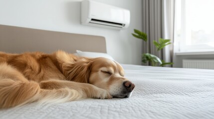 Golden retriever sleeping peacefully on a cozy bed with Air conditioner in a bright room enjoying comfort and tranquility in a modern home environment with natural light