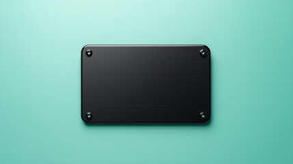 A simple black rectangle plate is mounted on a turquoise background, featuring four screws at each corner.