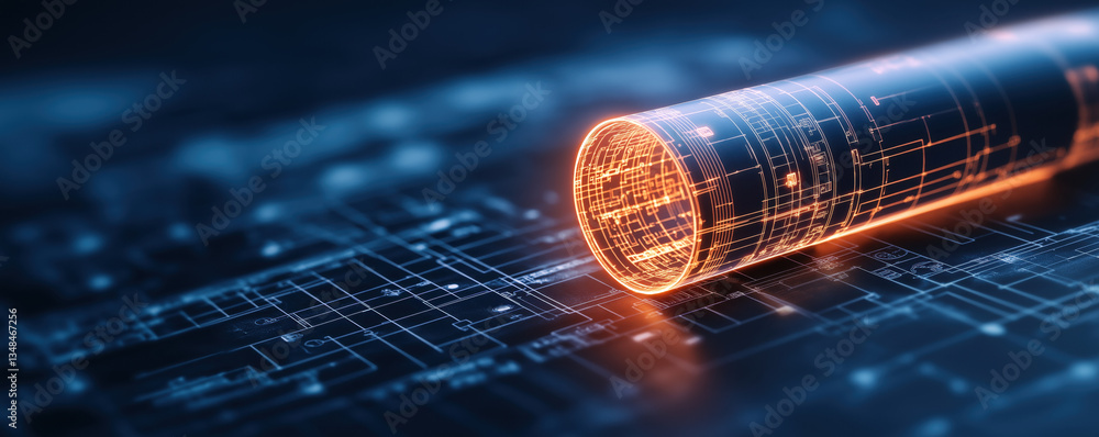 Poster a glowing cylindrical object rests on a circuit-like surface, illustrating a fusion of technology an