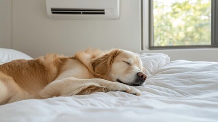 Golden retriever dog resting peacefully with Air conditioner  on white bed in cozy bedroom near window with natural light illuminating the relaxing atmosphere