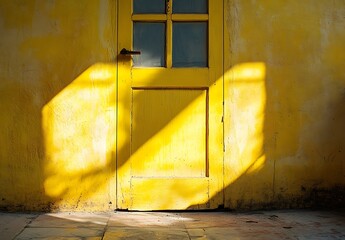 Sunny Yellow Wall with Old Wooden Door and Shadows