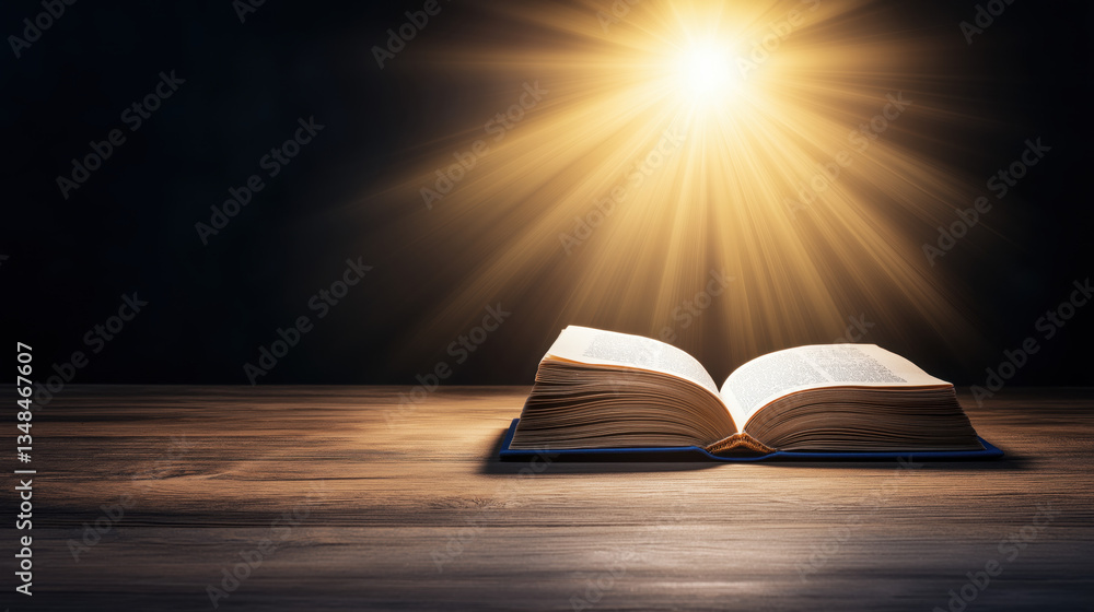 Poster an open book on a wooden surface, illuminated by a bright beam of light, creating a serene and inspi