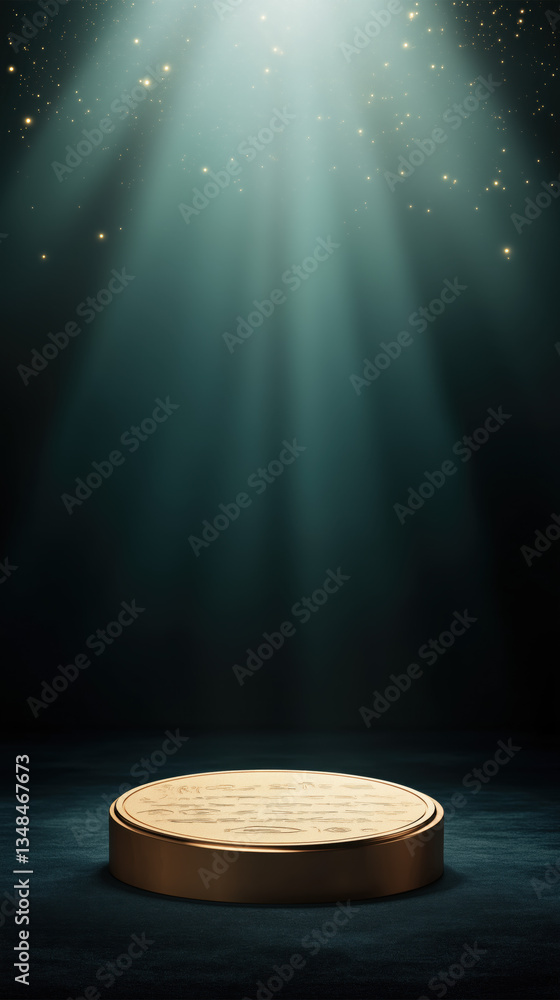 Poster a spotlight illuminates a circular podium, creating a dramatic atmosphere with a dark background and