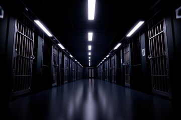 Dark Prison Corridor with Metal Bars and Dim Lighting Evoking Confinement and Despair in Long Hallway