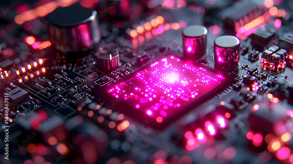 Poster a close-up of a circuit board with glowing pink lights suggests advanced technology and data process