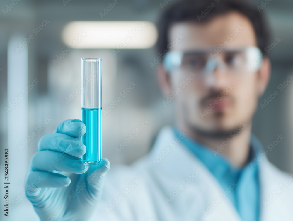 Aufkleber scientist in lab coat and safety goggles holds test tube with glowing blue liquid, focusing intently