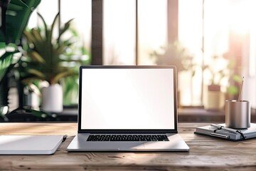 High Resolution Picture of Picture of Open Laptop and Notebooks on Wooden Table