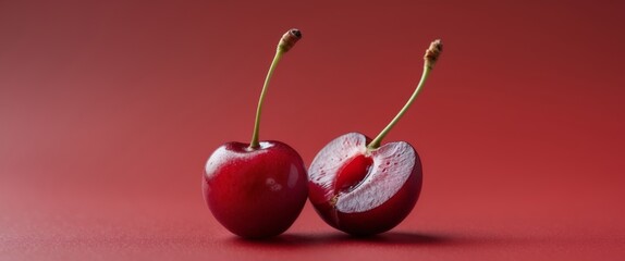 Fresh Red Cherries with Cut Cherry on Red Background.