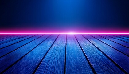 a digitally created image of a blue wooden floor illuminated by a vibrant pink neon line