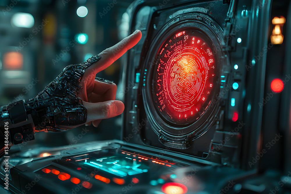 Poster a robotic hand interacts with a futuristic control panel featuring a circular display with intricate