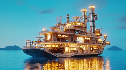 Fototapeta premium A massive floating steampunk base powered by giant turbines, AI controlled navigation panels, brass and copper surfaces glowing under the neon lit sky