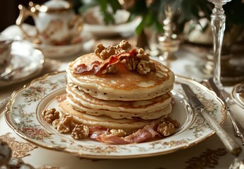 Delicious fluffy pancakes topped with crispy bacon and walnuts, elegantly presented on a vintage plate with refined table setting in warm light