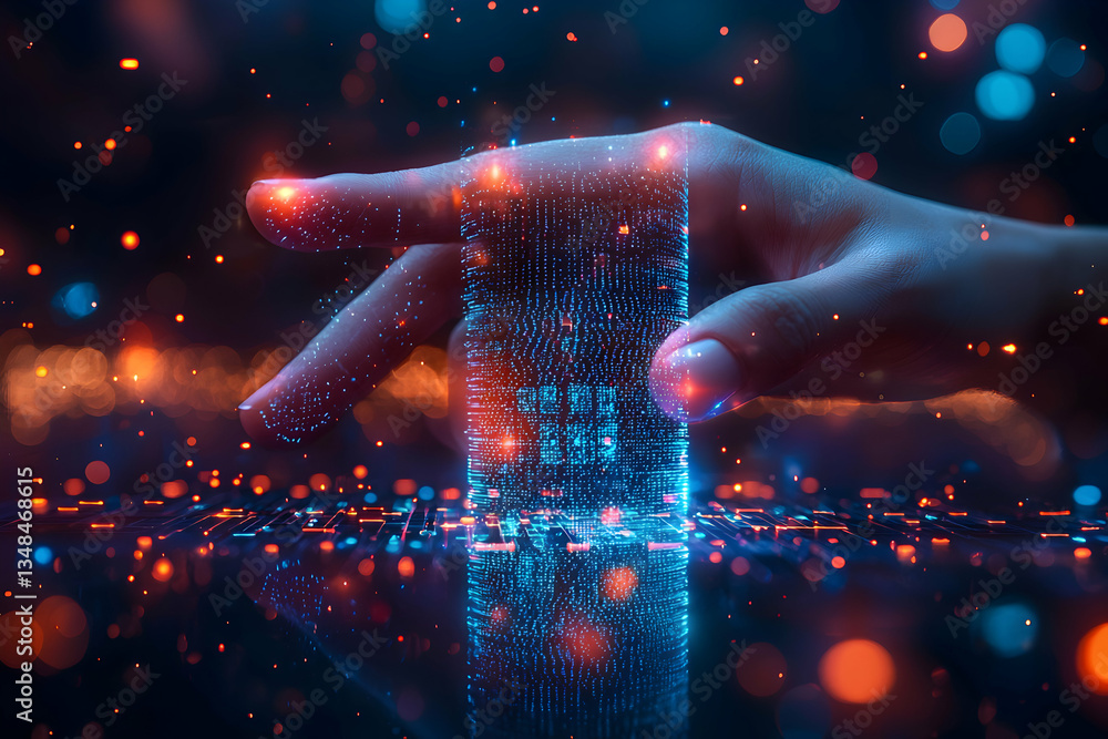 Poster a hand interacts with a holographic cylinder of data. this image evokes themes of data analysis, cyb