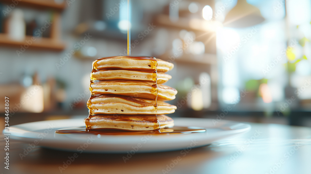 Aufkleber stack of fluffy pancakes is drizzled with syrup, creating warm and inviting breakfast scene in sunlit kitchen. golden syrup glistens as it cascades down pancakes