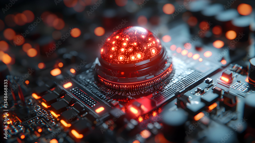 Poster a futuristic red glowing orb sits atop a circuit board. ideal for visualizing advanced technology, a