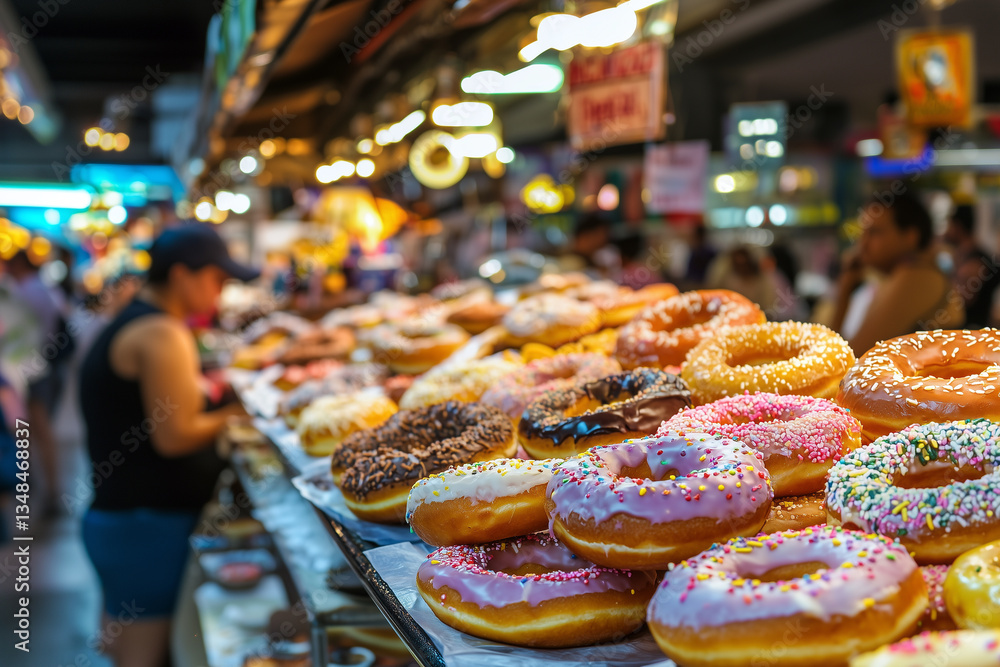 Poster vibrant display of colorful donuts with sprinkles and icing is showcased in bustling market setting, creating lively and appetizing atmosphere