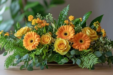 Obraz premium Orange and yellow roses and gerbera daisies centerpiece.