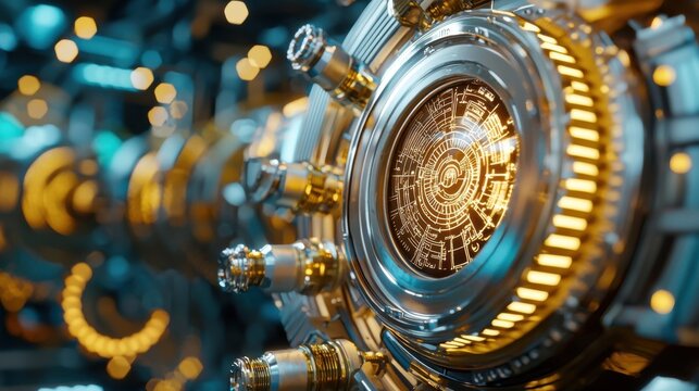 A massive steampunk quantum computer with glowing vacuum tubes, floating holograms displaying mystical symbols, brass gears humming with futuristic energy