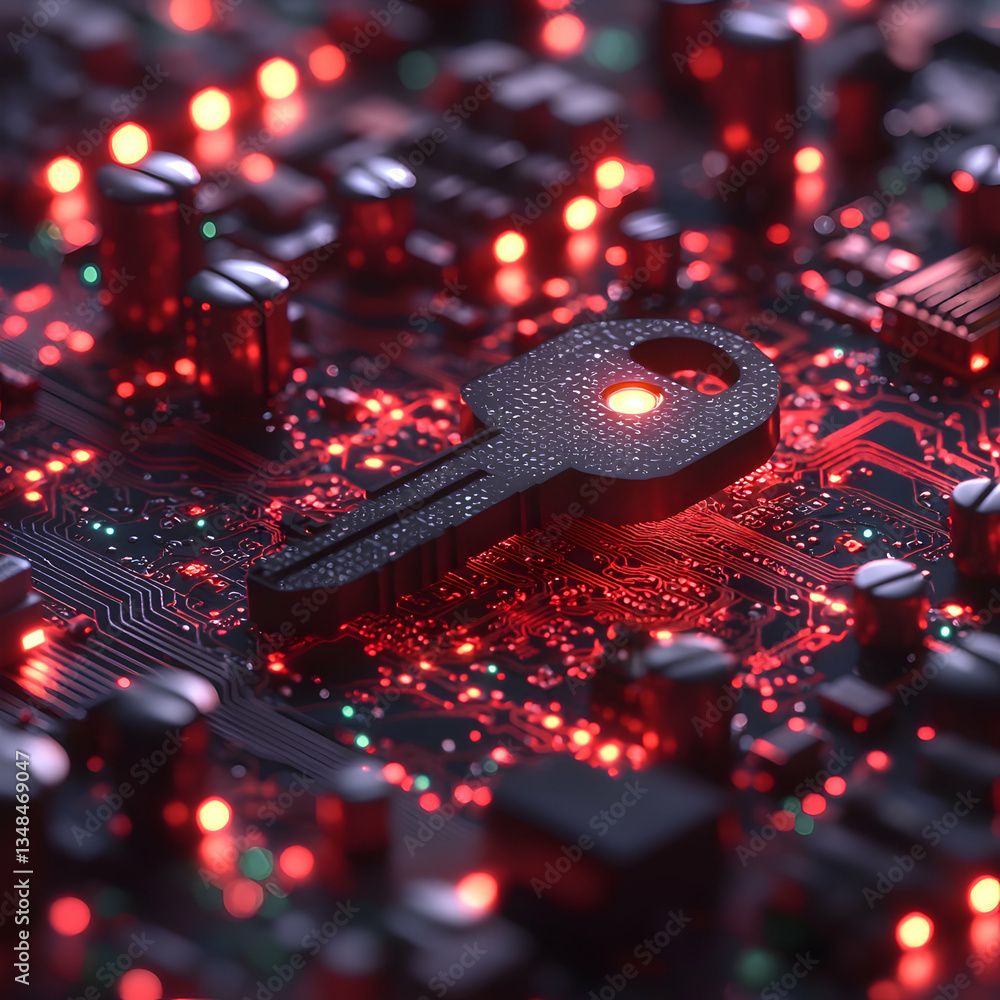Aufkleber a dark metallic key rests on a glowing red circuit board. this image symbolizes cybersecurity, data 