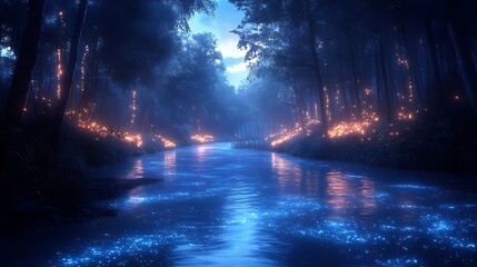 Glowing blue river with bioluminescent high resolution images