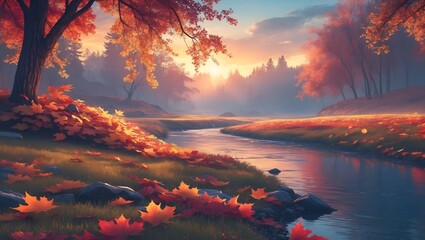 Autumn Serenity: A tranquil river winds through a vibrant autumn landscape, reflecting the warm hues of the foliage and the soft light of the sunset.