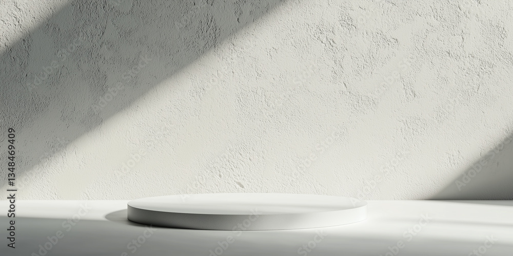 Poster minimalist mockup features round platform on textured surface with soft shadows, creating serene and elegant atmosphere. Ideal for showcasing products or designs
