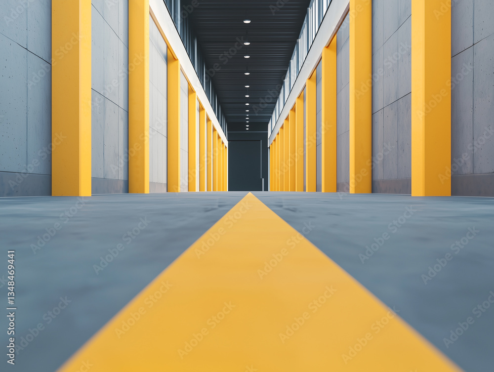 Poster modern warehouse interior features long corridor with vibrant yellow columns and matching line on floor, creating sense of depth and symmetry
