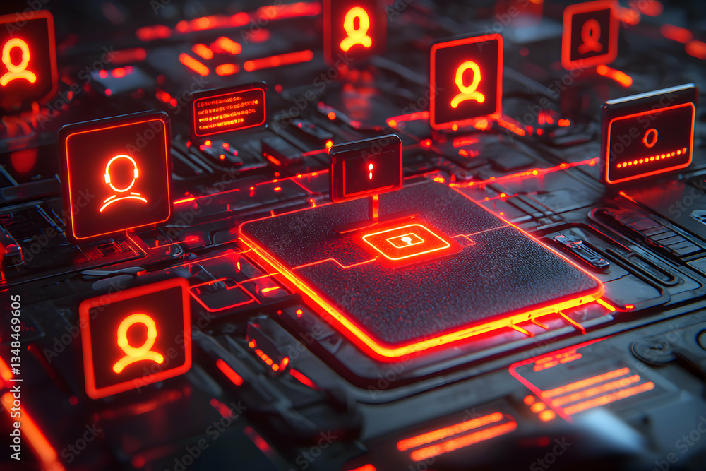 Aufkleber red glowing network security breach alert on a dark circuit board. ideal for cybersecurity, data pro