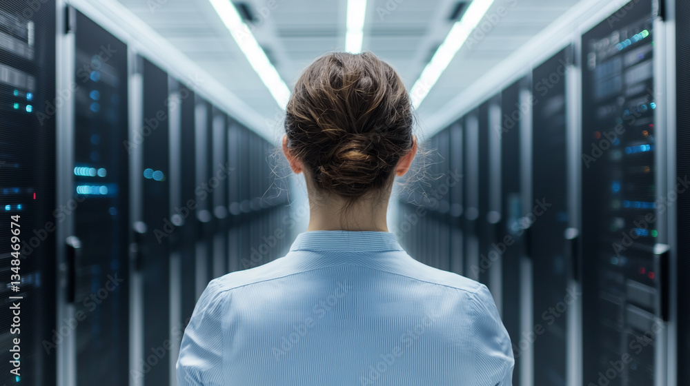 Poster woman stands in server room, facing rows of illuminated server racks, suggesting focus on technology