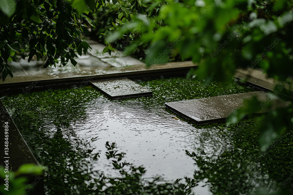 Aufkleber serene garden pond with gentle rain creating ripples on water surface, surrounded by lush green foli