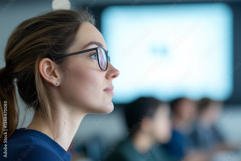 Poster woman with glasses is attentively looking forward in classroom setting, with blurred background of p