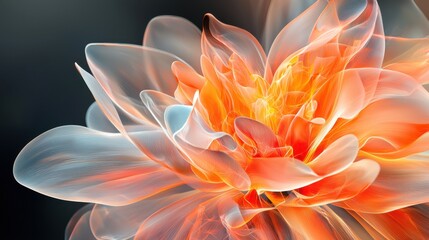 A radiant glass flower with fiery orange and red transparent petals, glowing from within, dark moody background, highly detailed, dramatic lighting
