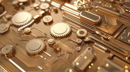A retro futuristic bronze background with mechanical gears, analog style circuits, warm industrial glow, old school technology aesthetic