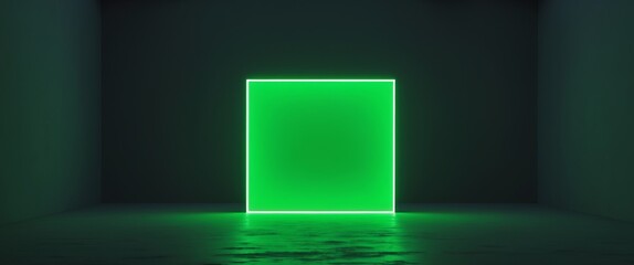 A neon green square is lit up in a dark room