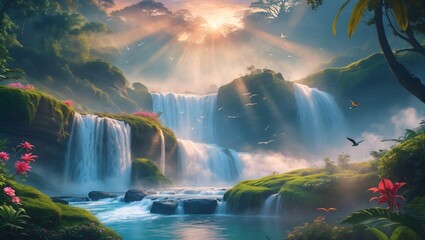 Majestic Waterfall Cascade: Capture the essence of nature's raw power and beauty, as multiple tiers of water plunge down rugged cliffs, creating a symphony of cascading water and a vibrant ecosystem.