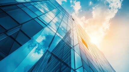 Modern Architecture: Glass Skyscraper Reflecting Sky and Clouds on Sunny Day