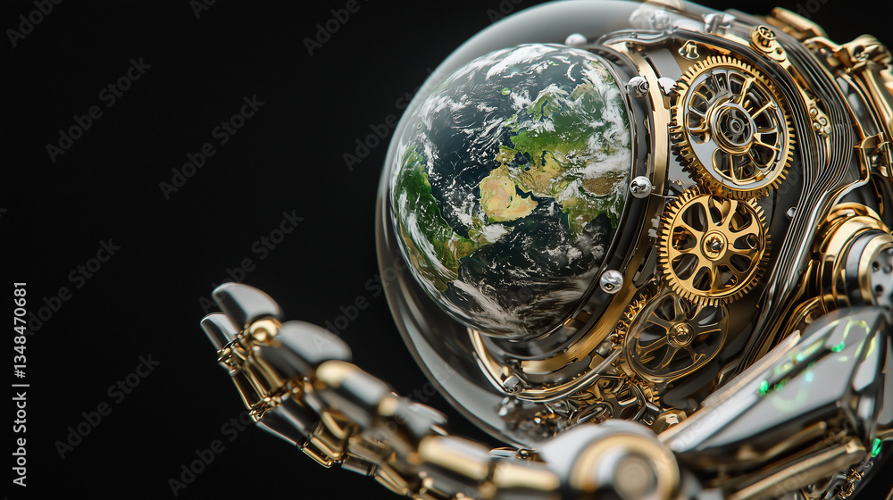 Poster robotic arm with intricate gears gently cradles globe, symbolizing technology role in global steward