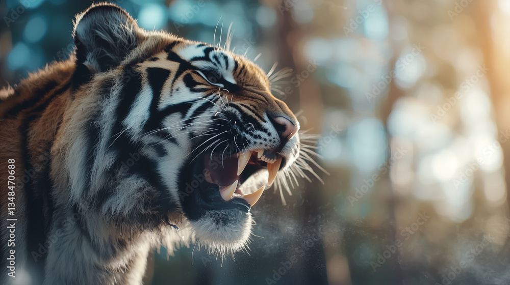 Aufkleber majestic siberian tiger roars in wilderness, its powerful presence captured in sunlit forest setting